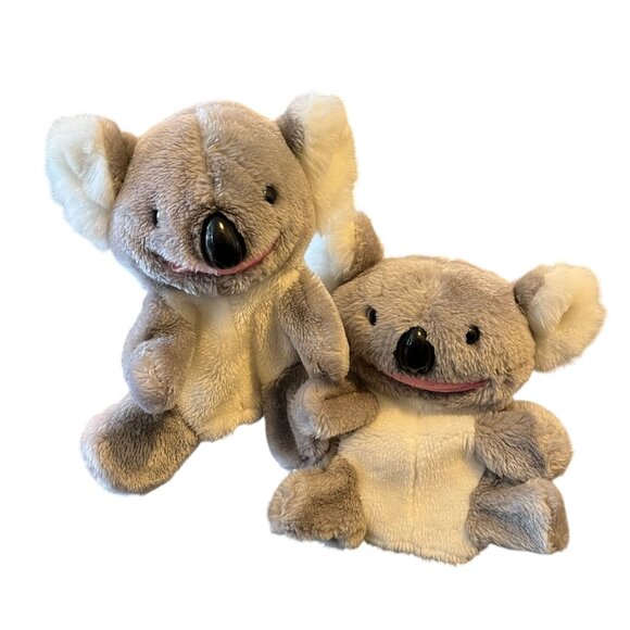 Lot of 2 Koala Bear Hand Puppets Soft Plush Toy Gray White Glass Eyes - Picture 1 of 9